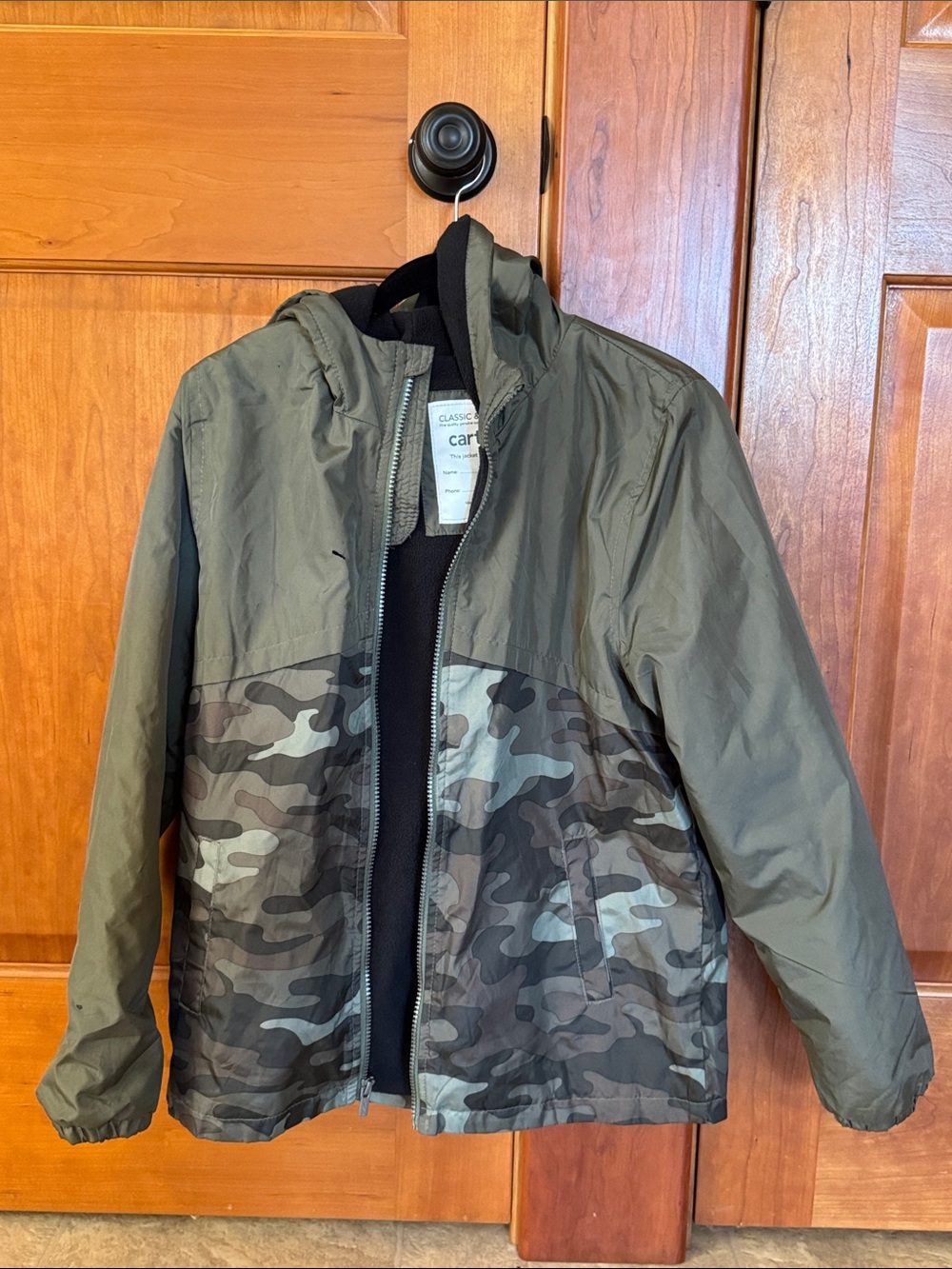 Carter's Olive Green Camo Fleece Lined Hooded Jacket